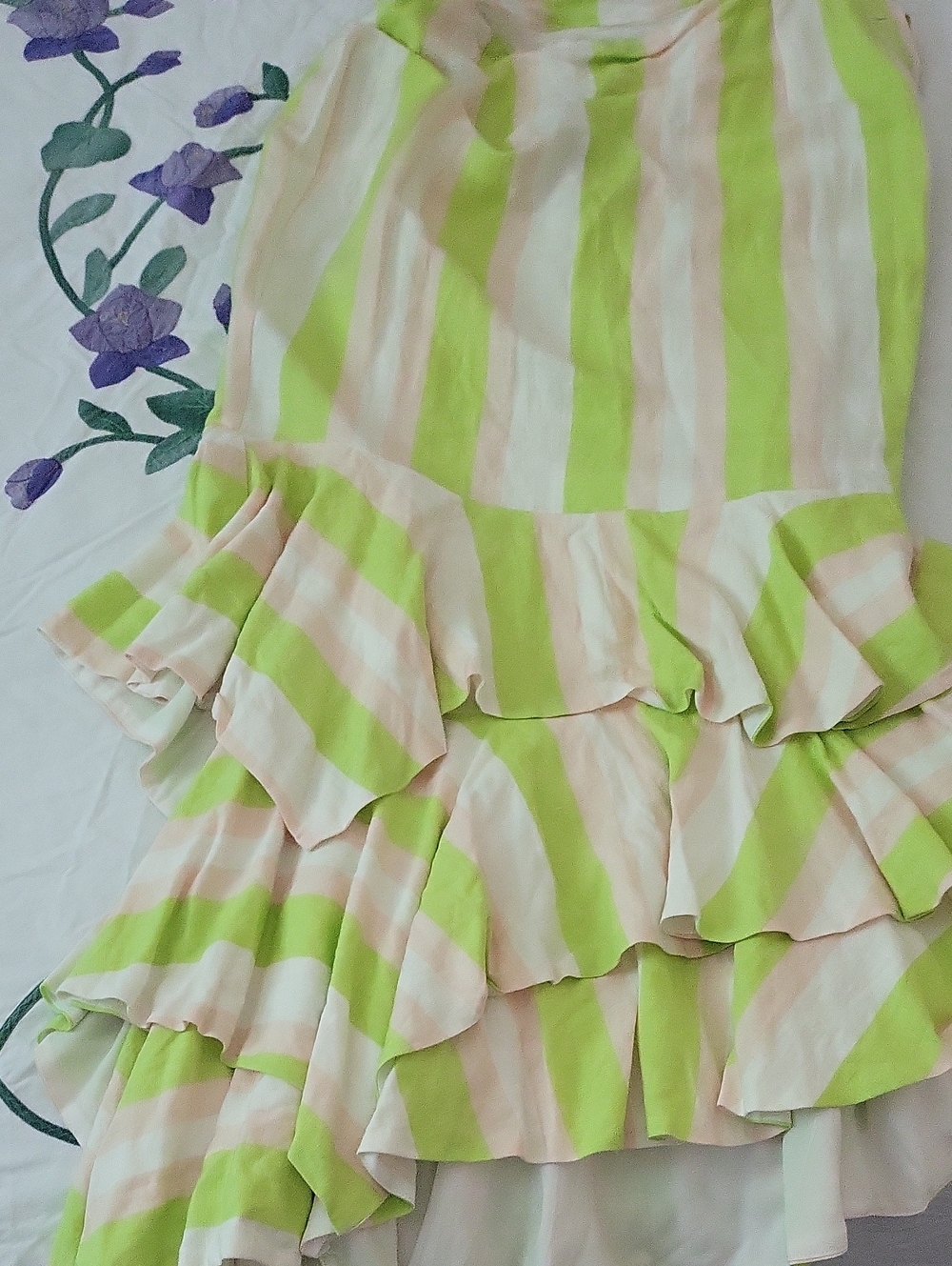 NBD Asymmetrical Ruffled Stripe Skirt in Lime Green and Cream